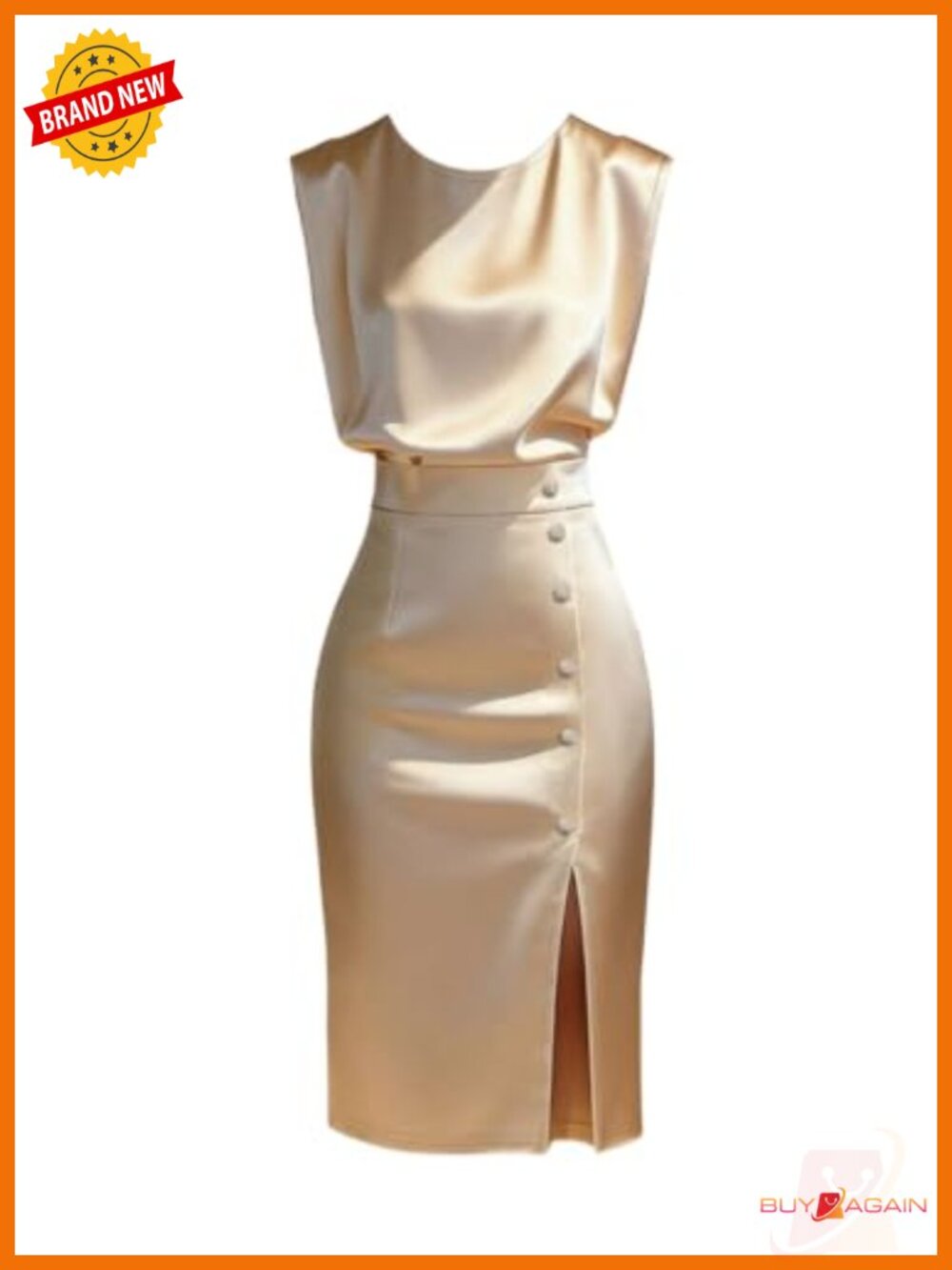 Satin Sleeveless Cinched Waist Midi Tank Dress with Slit